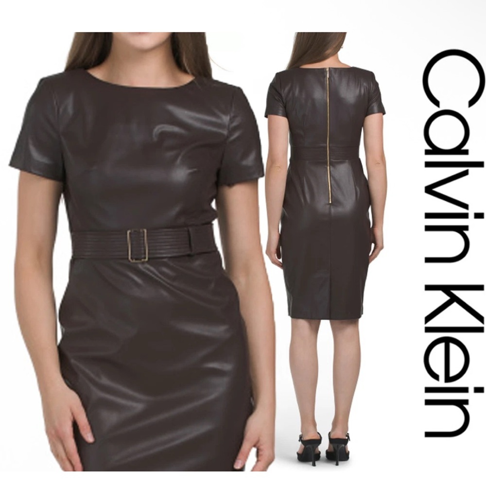 Calvin Klein Dark Brown Faux Leather Tie Waist Sheath Dress Size 6 NWT